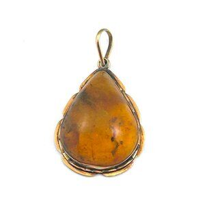 Vintage 14K Yellow Gold Large Orange Amber Pendant
